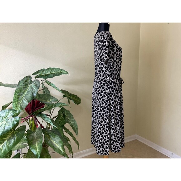 NWT Talbots M Black White Dot Print Faux Wrap belted Dress button accents - Picture 2 of 12